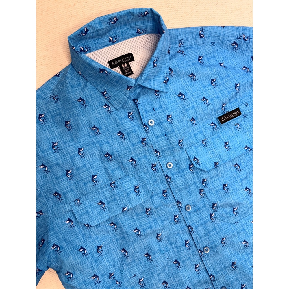 Realtree Fishing‎ Shirt Mens Medium Blue Marlin Print Short Sleeve Button Down